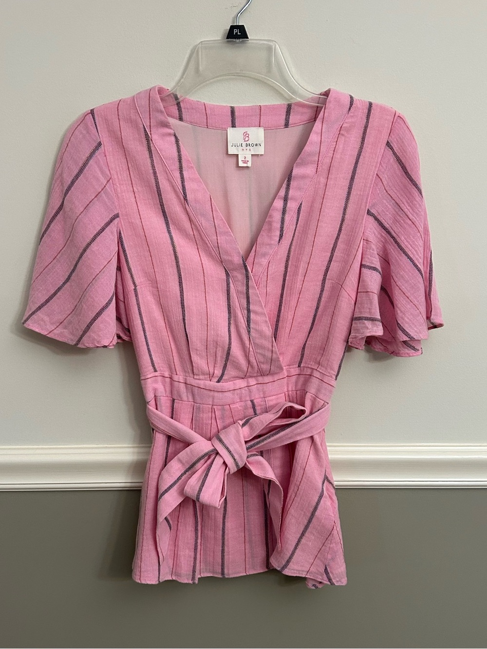 JB by Julie Brown Pink Striped Cotton Flutter Sleeve Faux Wrap Tie Waist Top 2
